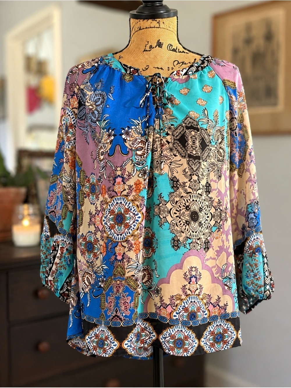 Fig & Flower Multicolored Floral Boho Medallion Print Peasant Blouse Size M